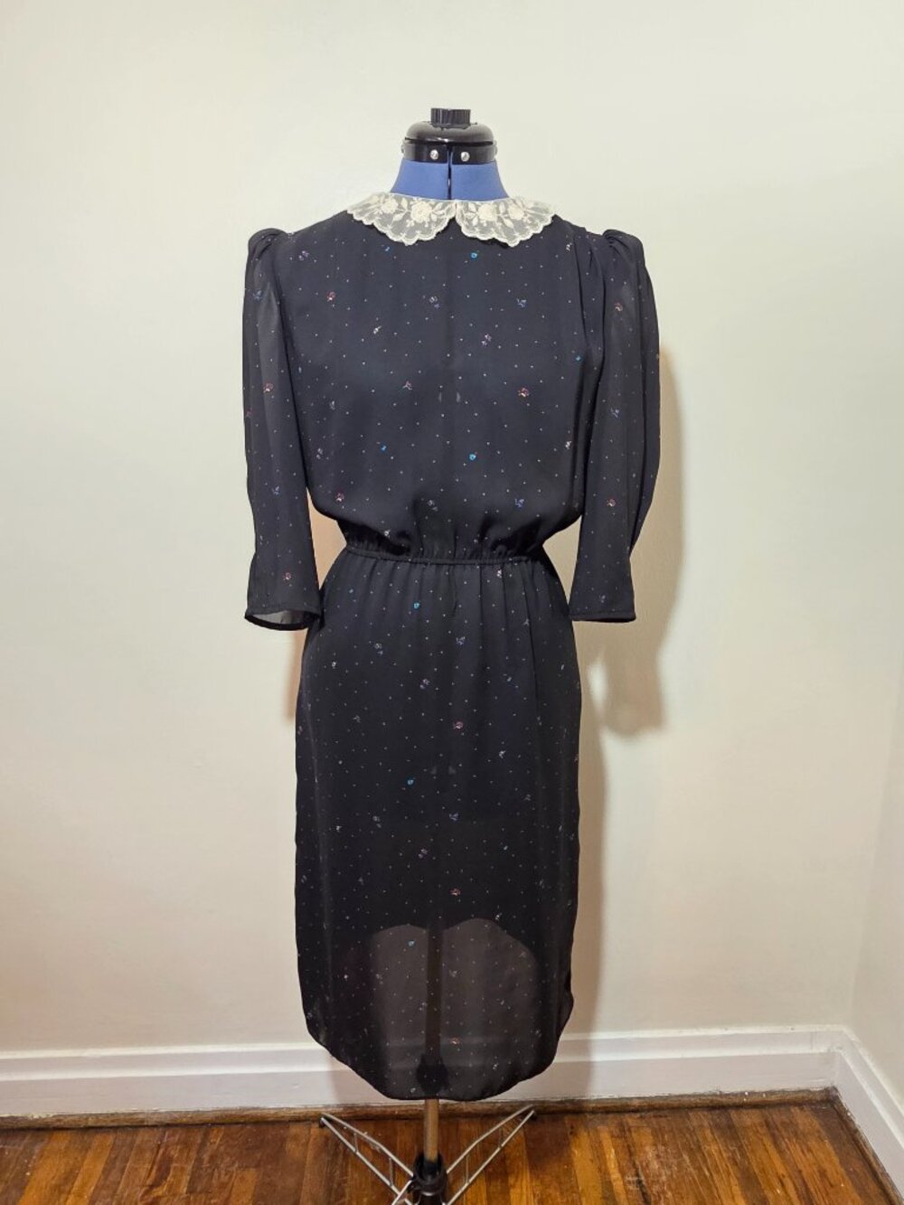 Alison Peters Black Short Sleeve Lace Collar Polka Dot Sheer Dress
